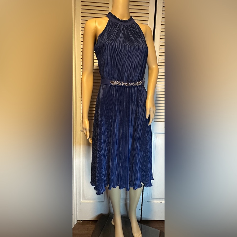 NWOT Julio Midnight Blue Ribbed Sleeveless Pleated Sheath Midi Dress Women’s 2